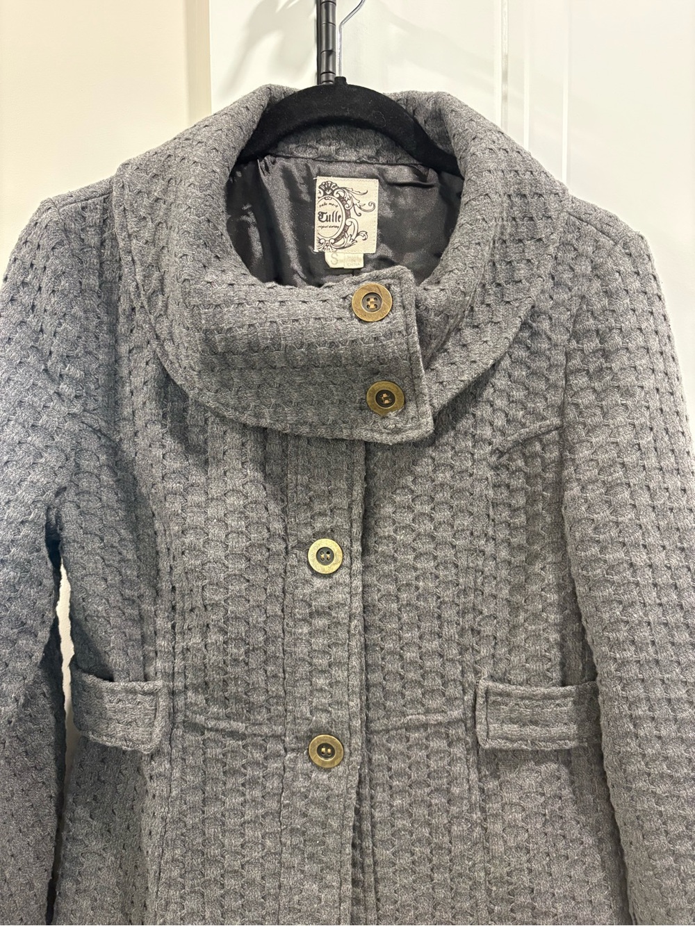 EUC Tulle Original Clothing grey basketweave textured coat with wide funnel
